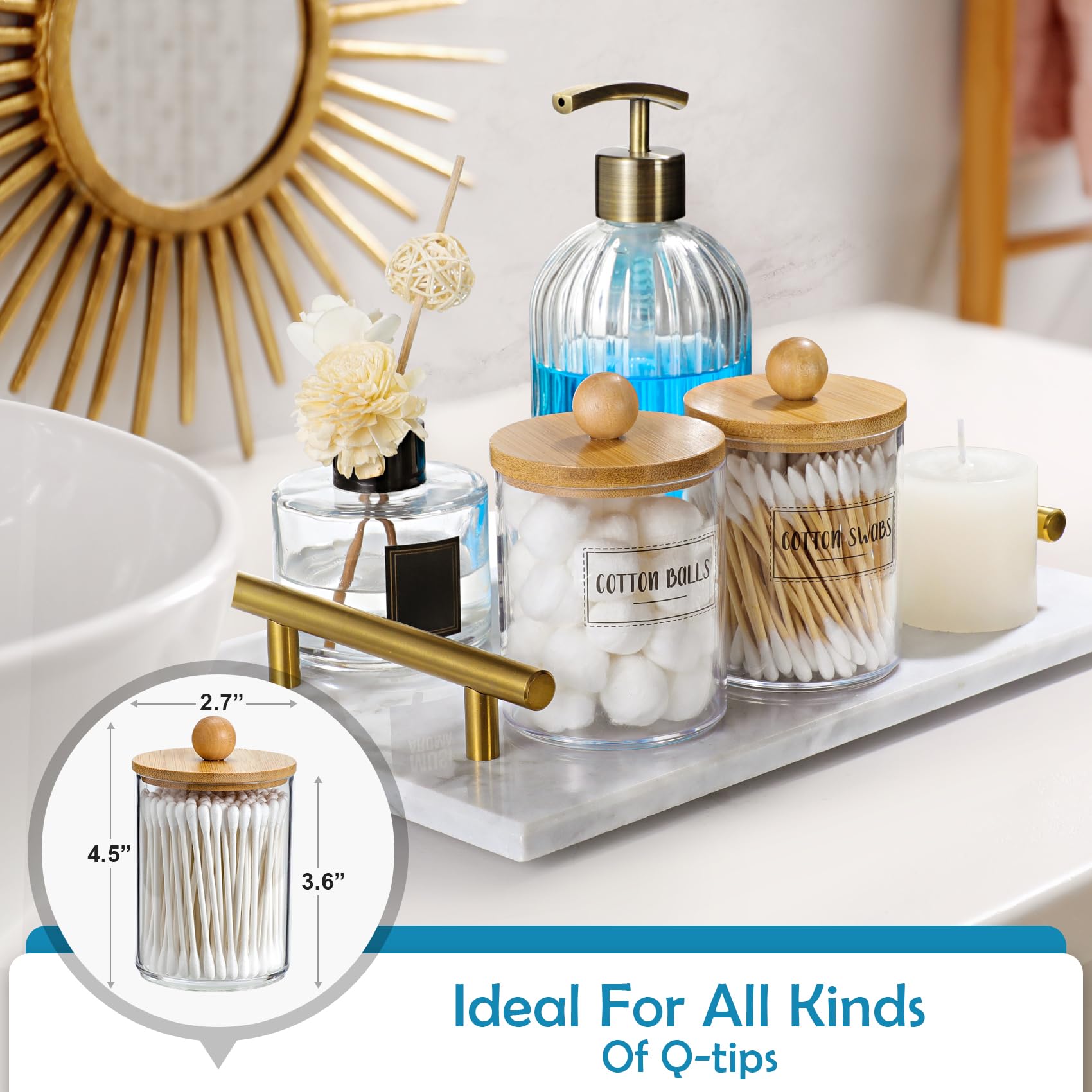 2 Pack Qtip Holder Dispenser with Bamboo Lids - 10 oz Clear Plastic Apothecary Jar Containers for Vanity Makeup Organizer Storage - Bathroom Accessories Set for Cotton Swab  Ball  Pads  Floss